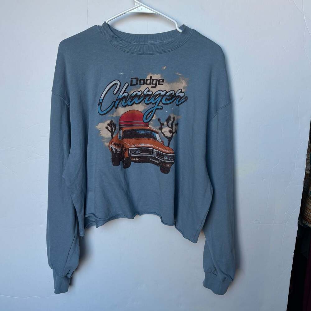 Dodge Charger Graphic Raw Hem Cropped Sweatshirt Blue Size XXL
